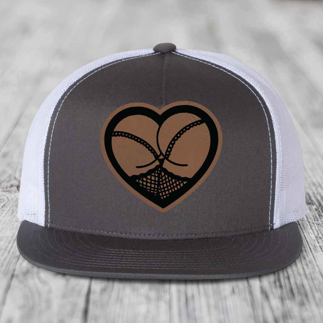 Heart Shaped Ass (Stockings) - Leather Patch Hat - Dark Brown to Black Patch - Yupoong 6006 Snapback Flatbill Hat