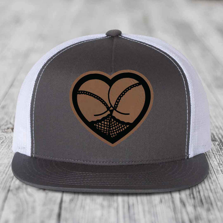Heart Shaped Ass (Stockings) - Leather Patch Hat - Dark Brown to Black Patch - Yupoong 6006 Snapback Flatbill Hat