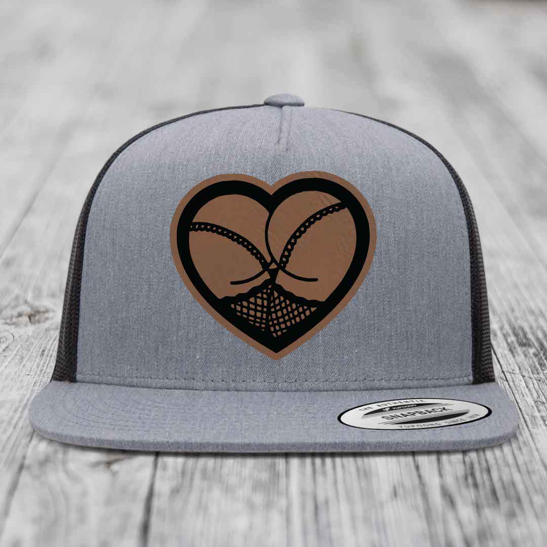 Heart Shaped Ass (Stockings) - Leather Patch Hat - Dark Brown to Black Patch - Yupoong 6006 Snapback Flatbill Hat