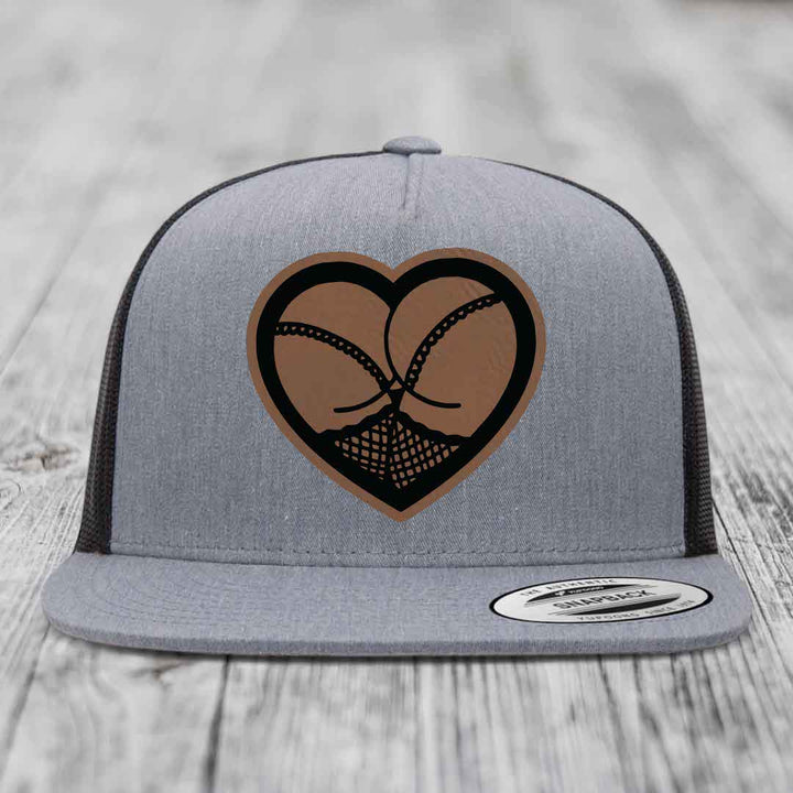 Heart Shaped Ass (Stockings) - Leather Patch Hat - Dark Brown to Black Patch - Yupoong 6006 Snapback Flatbill Hat