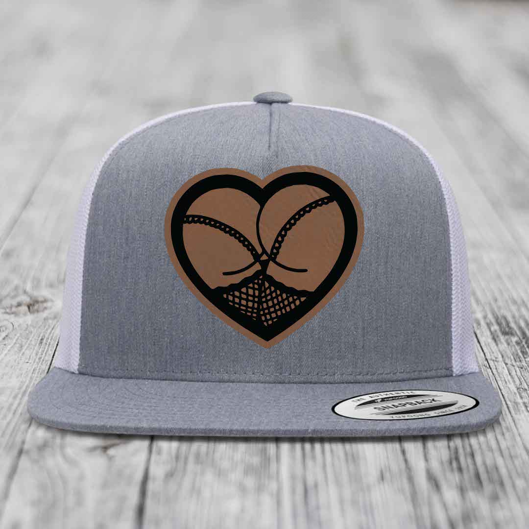 Heart Shaped Ass (Stockings) - Leather Patch Hat - Dark Brown to Black Patch - Yupoong 6006 Snapback Flatbill Hat