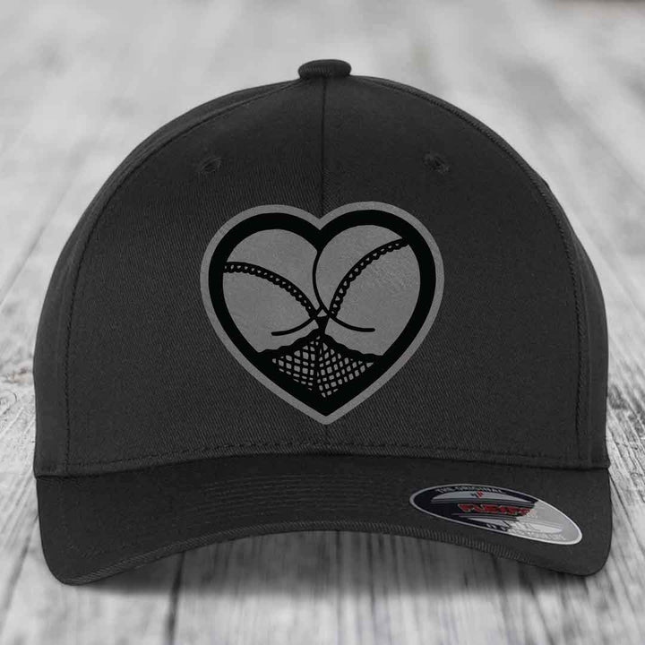 Heart Shaped Ass (Stockings) - Leather Patch Hat - Grey to Black Patch - Flexfit 6277 Fitted Hat