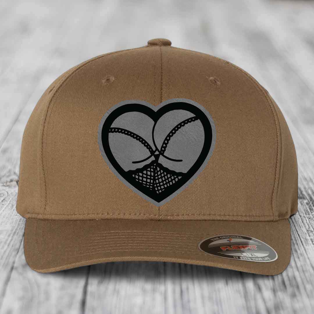 Heart Shaped Ass (Stockings) - Leather Patch Hat - Grey to Black Patch - Flexfit 6277 Fitted Hat