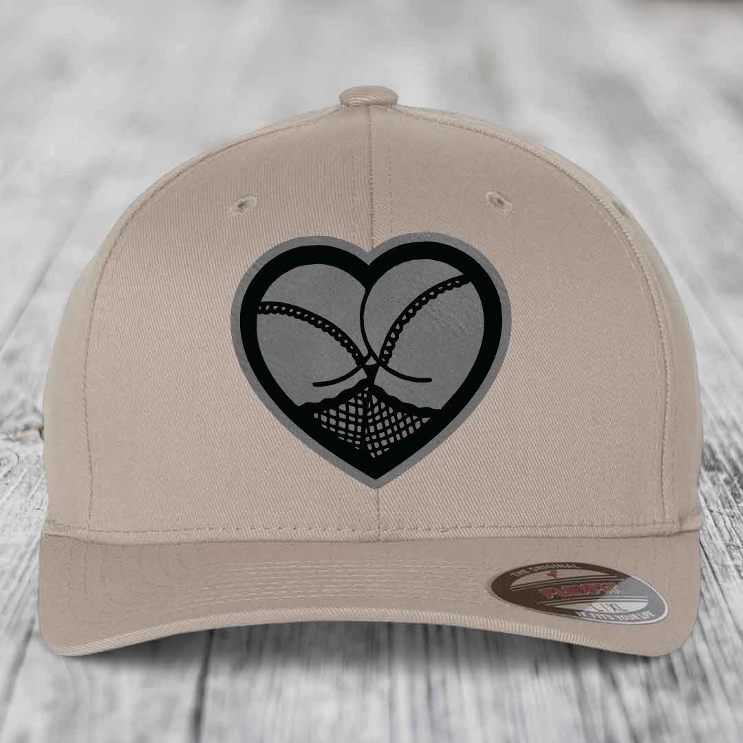 Heart Shaped Ass (Stockings) - Leather Patch Hat - Grey to Black Patch - Flexfit 6277 Fitted Hat