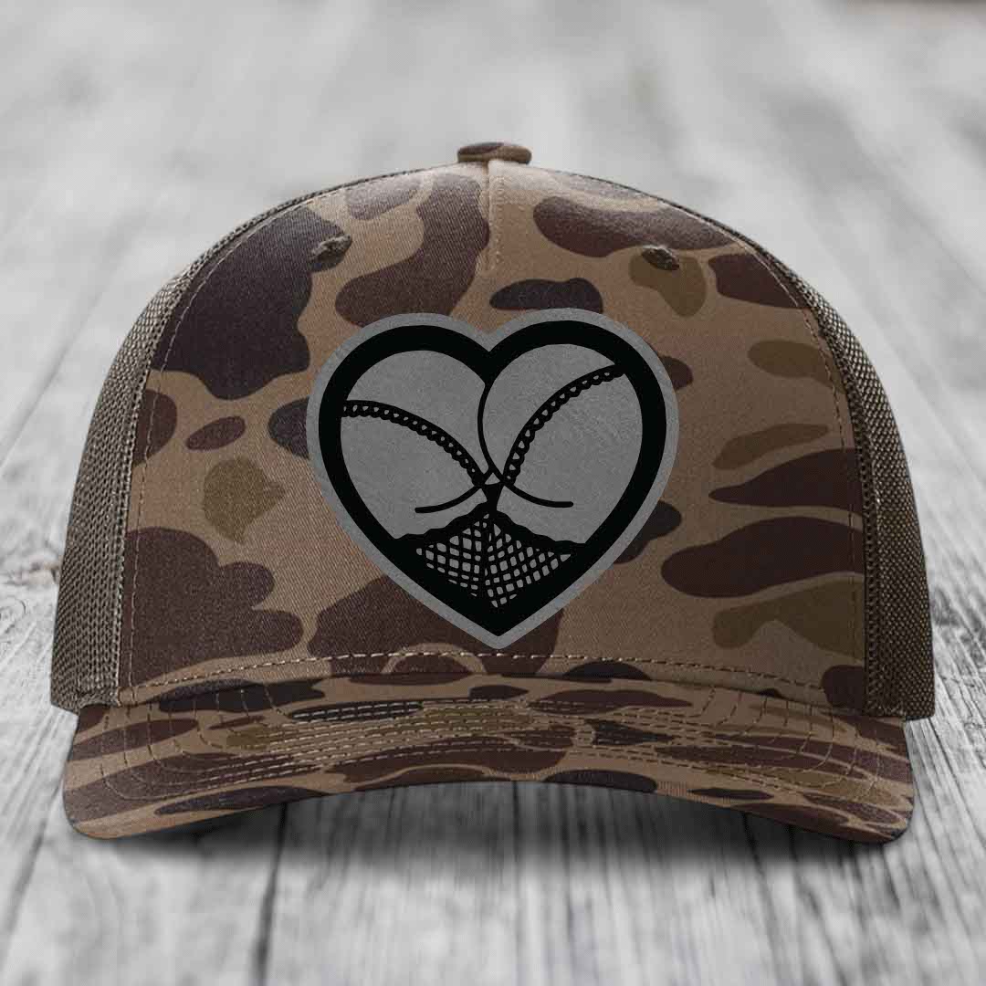 Heart Shaped Ass (Stockings) - Leather Patch Hat - Grey to Black Patch - Richardson 112PFP Snapback Trucker Hat