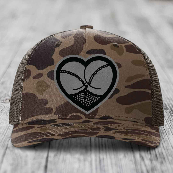 Heart Shaped Ass (Stockings) - Leather Patch Hat - Grey to Black Patch - Richardson 112PFP Snapback Trucker Hat