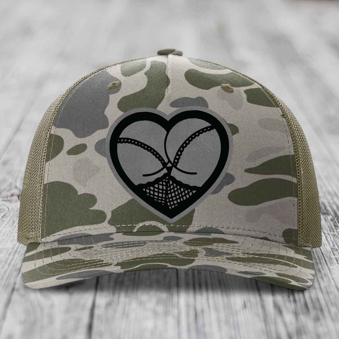 Heart Shaped Ass (Stockings) - Leather Patch Hat - Grey to Black Patch - Richardson 112PFP Snapback Trucker Hat