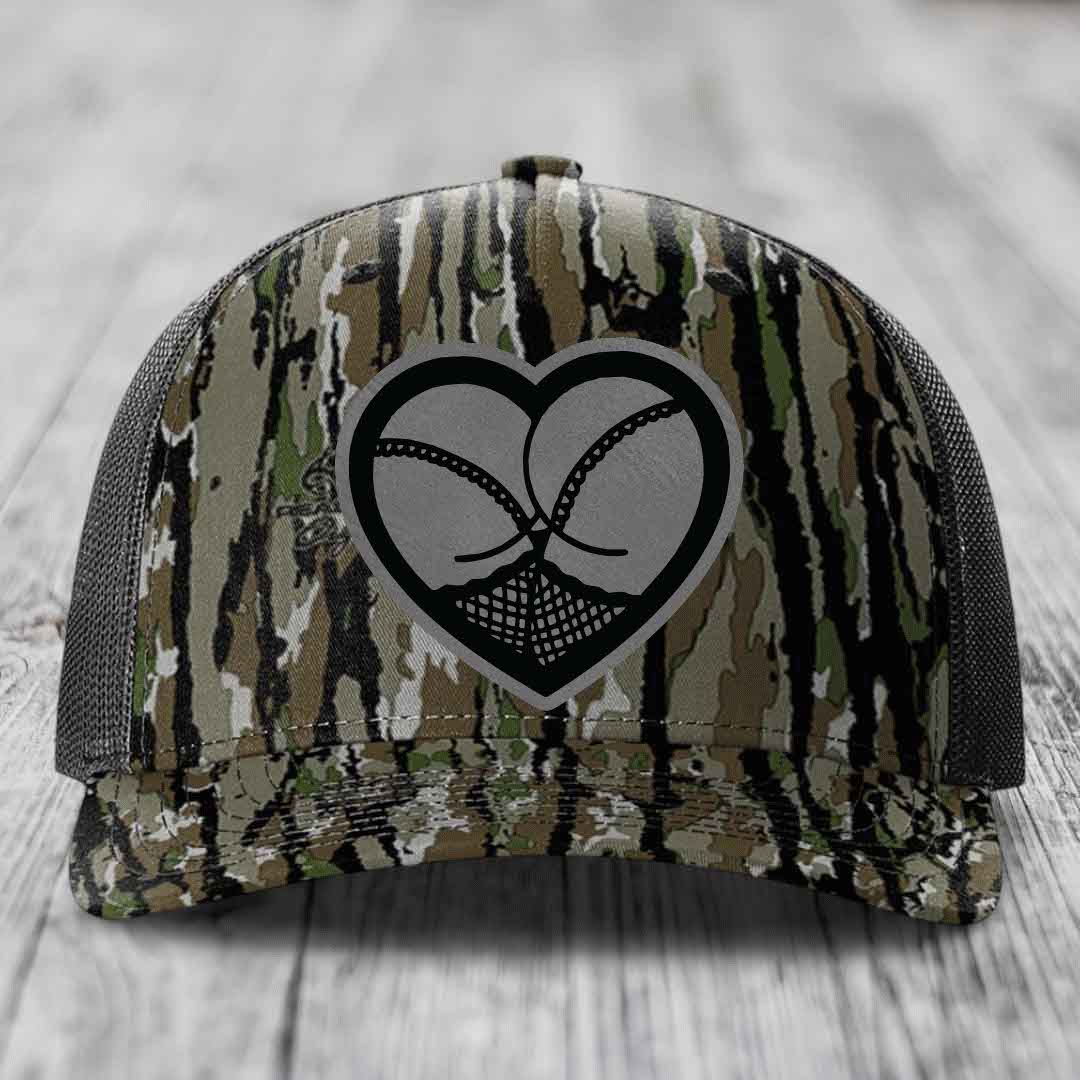 Heart Shaped Ass (Stockings) - Leather Patch Hat - Grey to Black Patch - Richardson 112PFP Snapback Trucker Hat