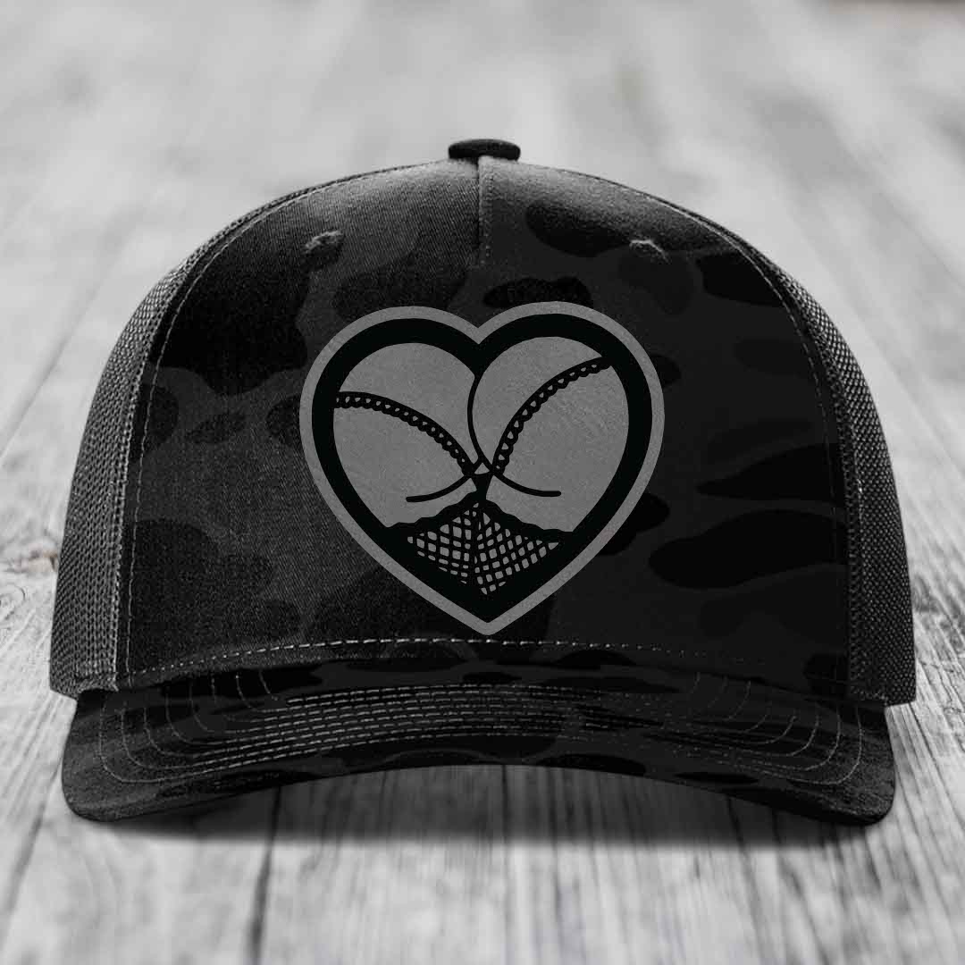 Heart Shaped Ass (Stockings) - Leather Patch Hat - Grey to Black Patch - Richardson 112PFP Snapback Trucker Hat