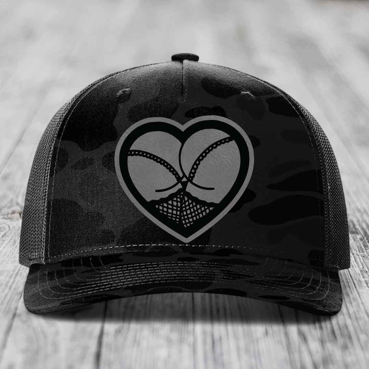 Heart Shaped Ass (Stockings) - Leather Patch Hat - Grey to Black Patch - Richardson 112PFP Snapback Trucker Hat