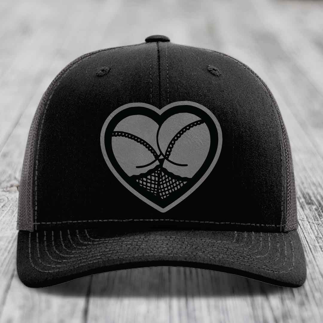 Heart Shaped Ass (Stockings) - Leather Patch Hat - Grey to Black Patch - Richardson 112 Snapback Trucker Hat