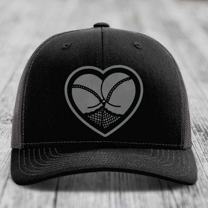 Heart Shaped Ass (Stockings) - Leather Patch Hat - Grey to Black Patch - Richardson 112 Snapback Trucker Hat