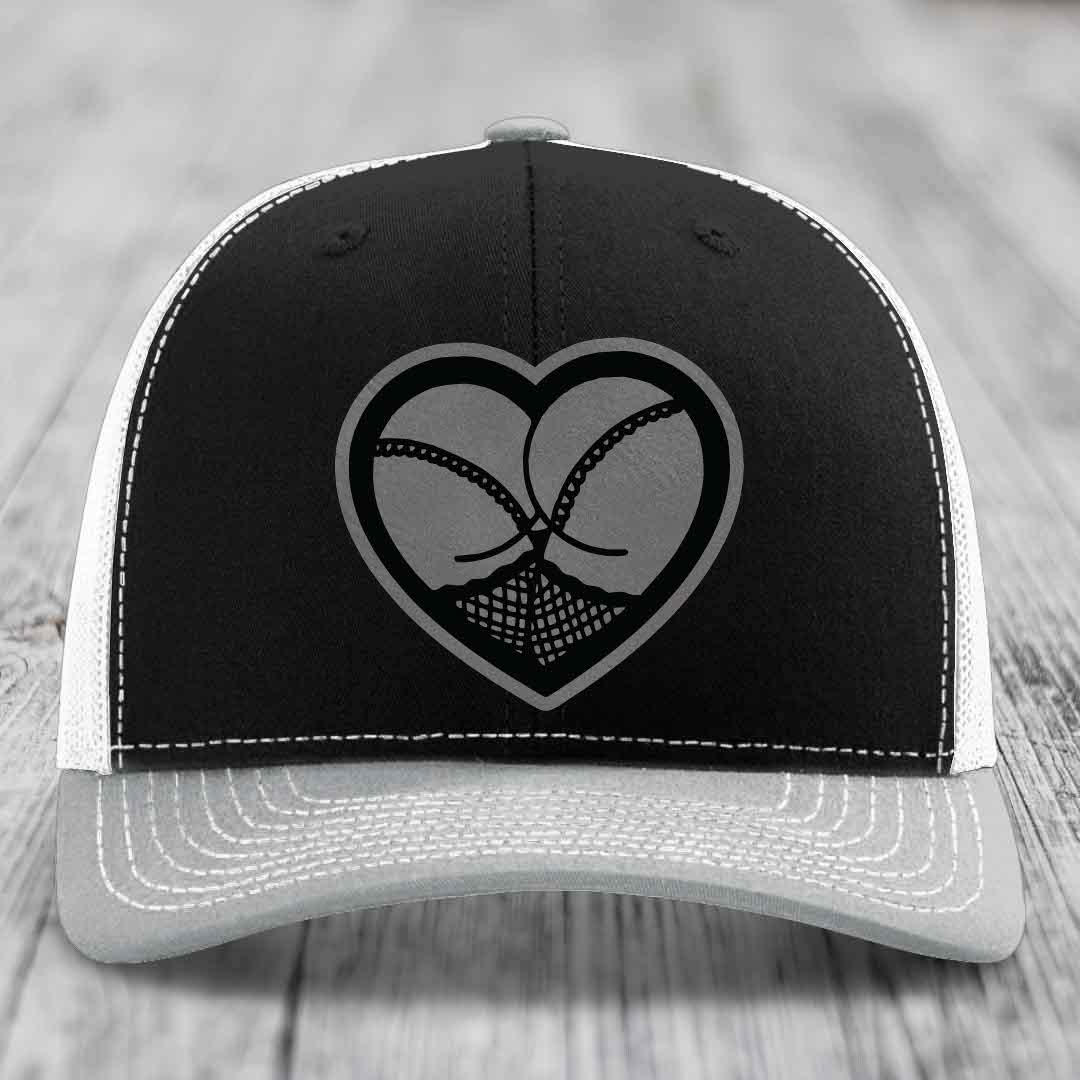 Heart Shaped Ass (Stockings) - Leather Patch Hat - Grey to Black Patch - Richardson 112 Snapback Trucker Hat