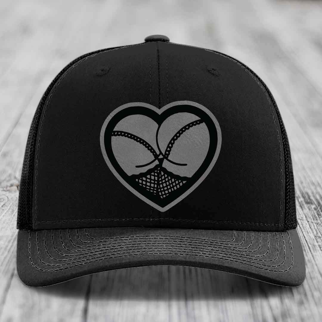 Heart Shaped Ass (Stockings) - Leather Patch Hat - Grey to Black Patch - Richardson 112 Snapback Trucker Hat