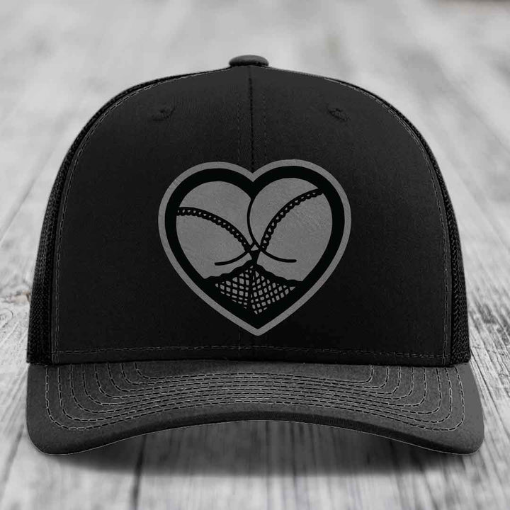 Heart Shaped Ass (Stockings) - Leather Patch Hat - Grey to Black Patch - Richardson 112 Snapback Trucker Hat