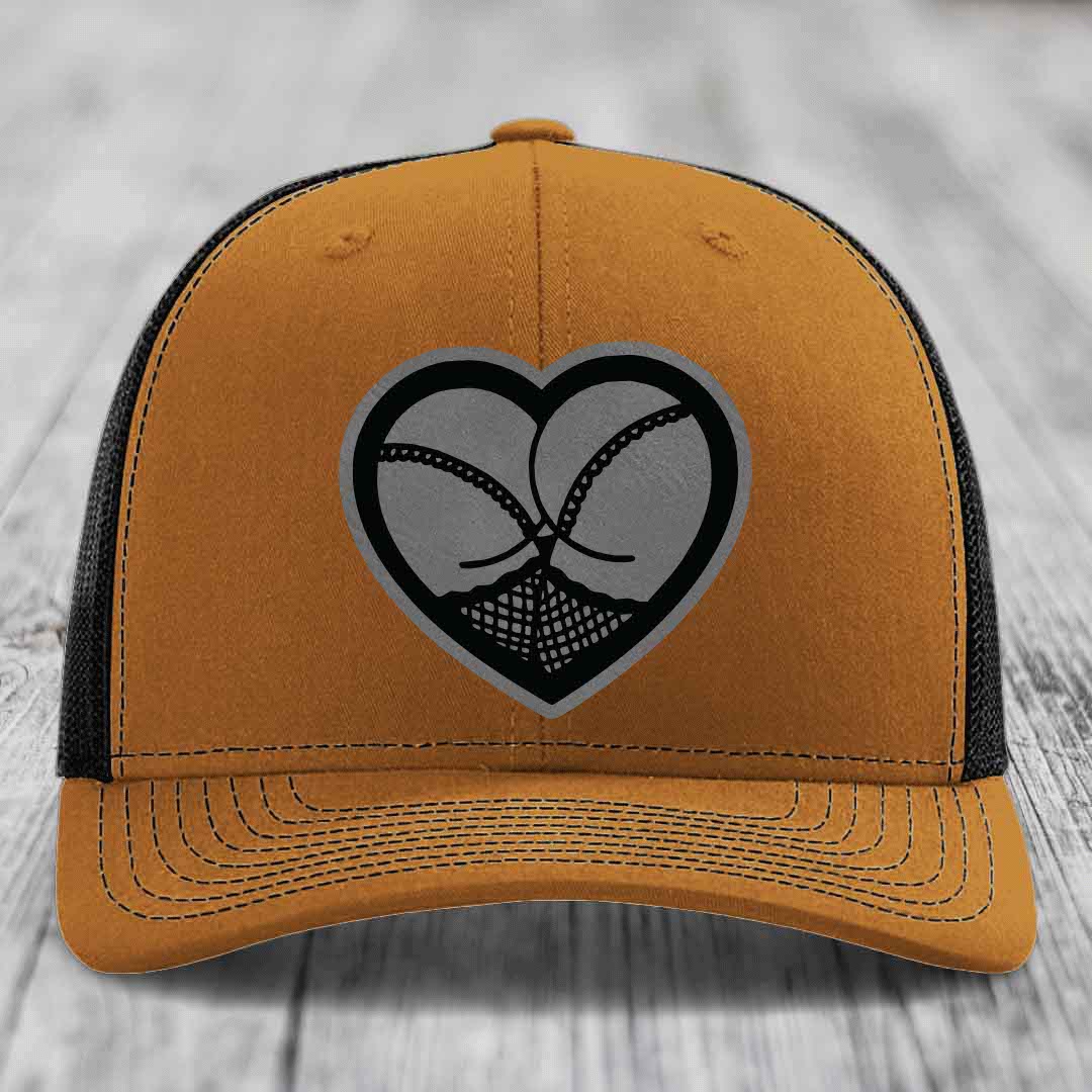 Heart Shaped Ass (Stockings) - Leather Patch Hat - Grey to Black Patch - Richardson 112 Snapback Trucker Hat