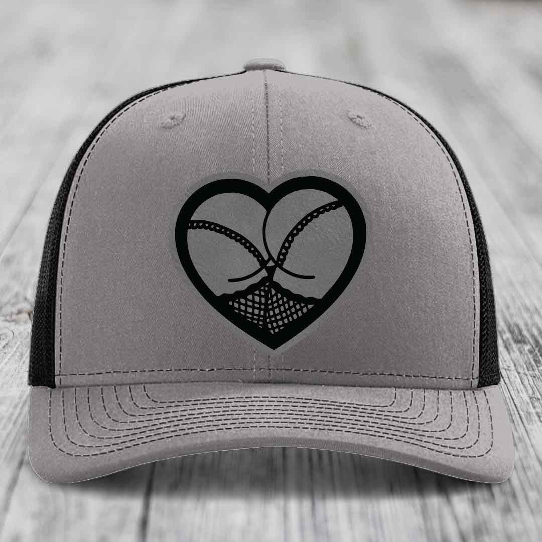Heart Shaped Ass (Stockings) - Leather Patch Hat - Grey to Black Patch - Richardson 112 Snapback Trucker Hat
