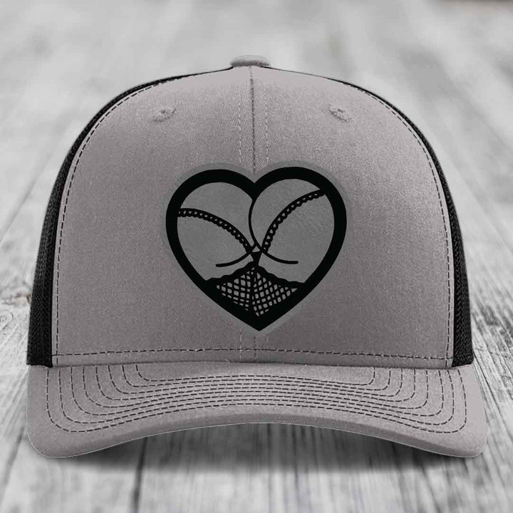 Heart Shaped Ass (Stockings) - Leather Patch Hat - Grey to Black Patch - Richardson 112 Snapback Trucker Hat
