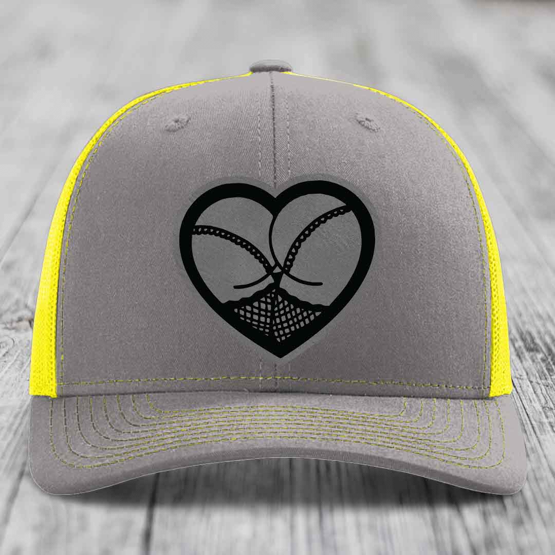 Heart Shaped Ass (Stockings) - Leather Patch Hat - Grey to Black Patch - Richardson 112 Snapback Trucker Hat