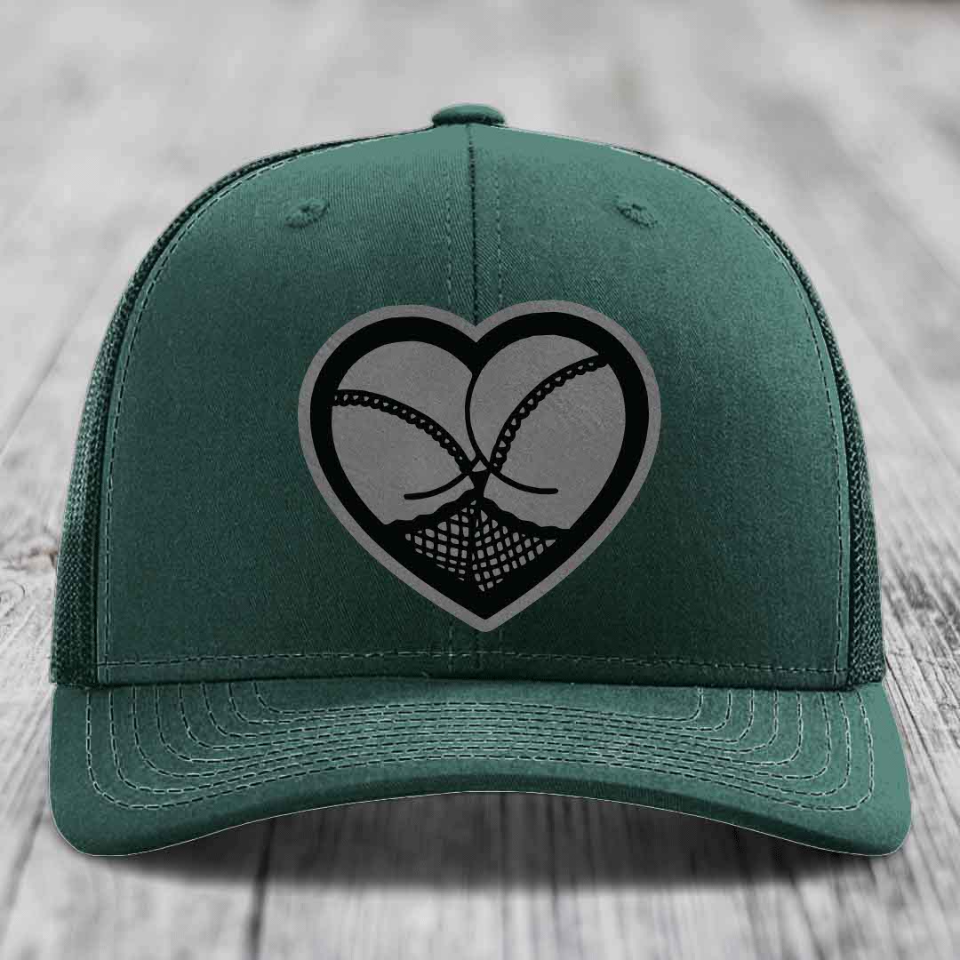 Heart Shaped Ass (Stockings) - Leather Patch Hat - Grey to Black Patch - Richardson 112 Snapback Trucker Hat