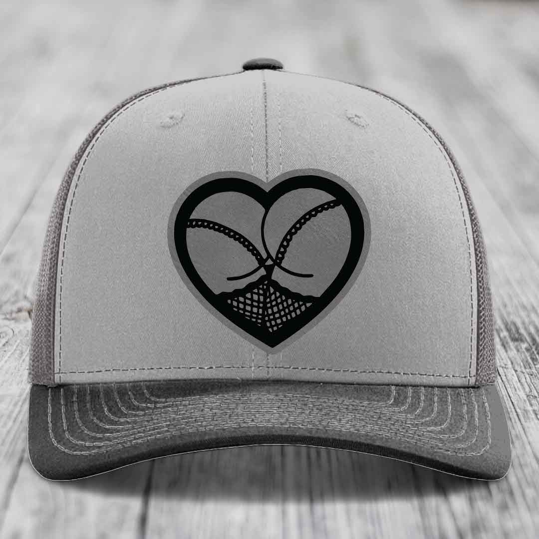 Heart Shaped Ass (Stockings) - Leather Patch Hat - Grey to Black Patch - Richardson 112 Snapback Trucker Hat