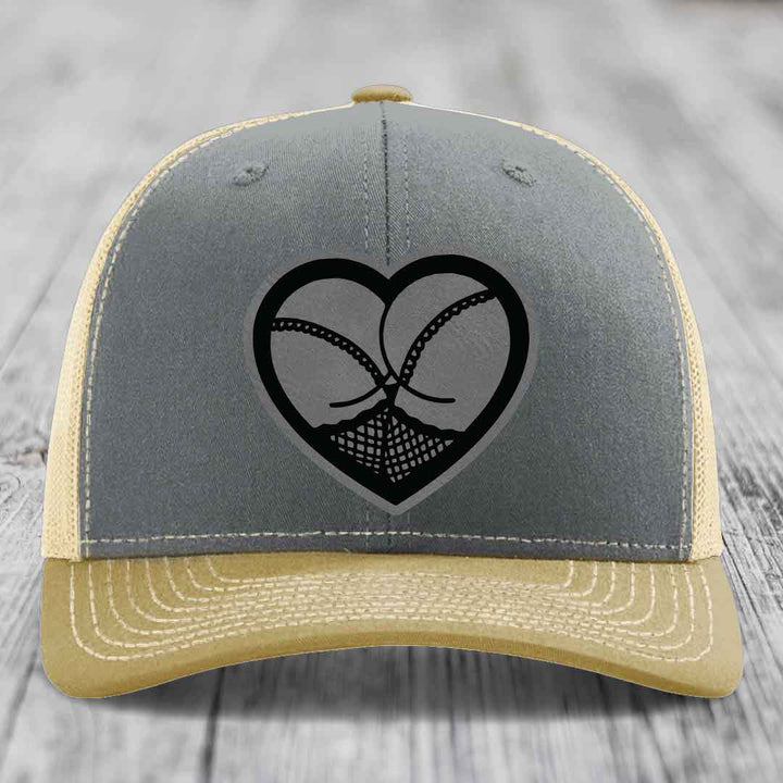 Heart Shaped Ass (Stockings) - Leather Patch Hat - Grey to Black Patch - Richardson 112 Snapback Trucker Hat