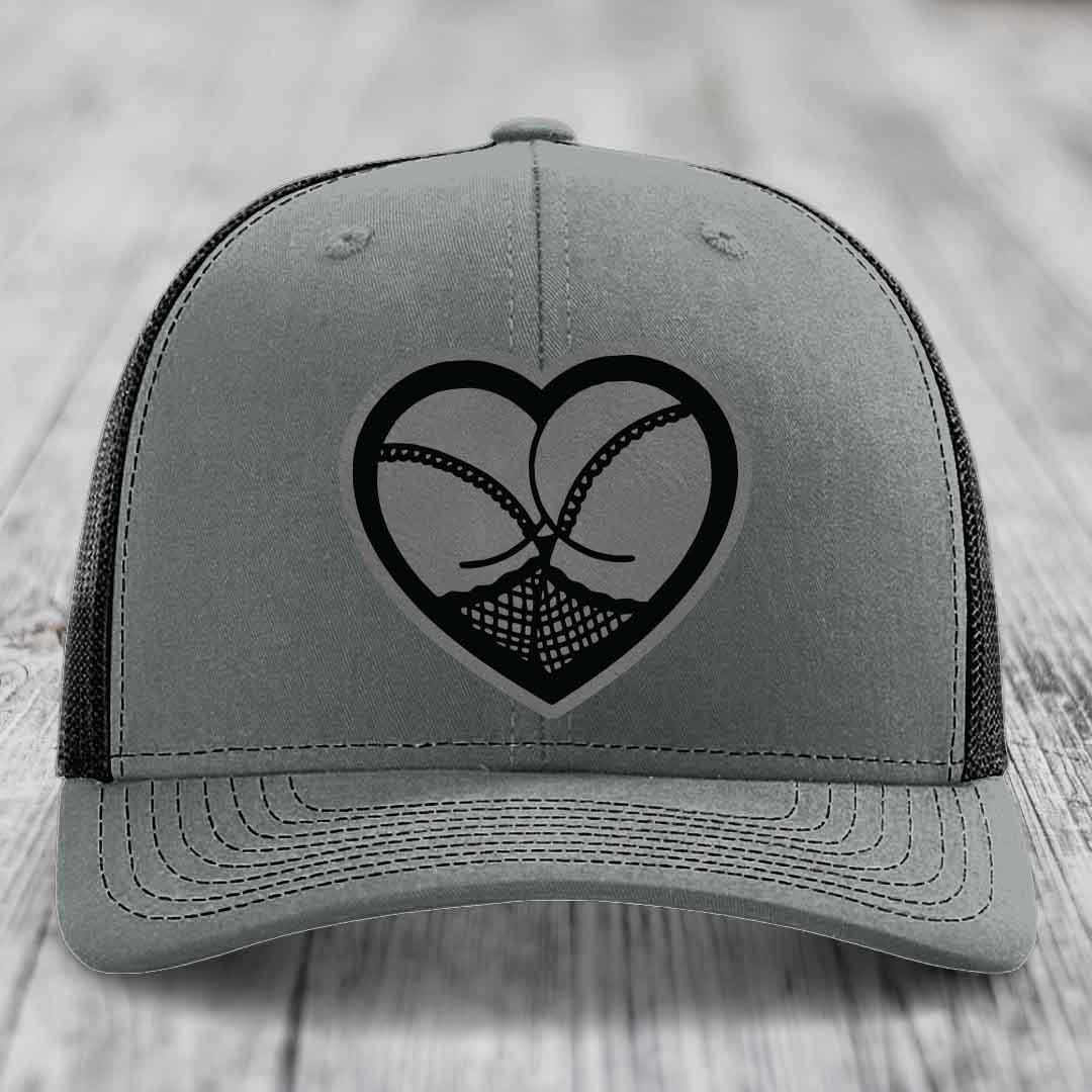 Heart Shaped Ass (Stockings) - Leather Patch Hat - Grey to Black Patch - Richardson 112 Snapback Trucker Hat