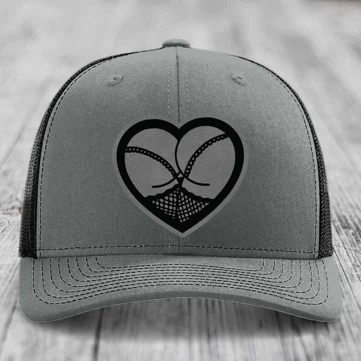 Heart Shaped Ass (Stockings) - Leather Patch Hat - Grey to Black Patch - Richardson 112 Snapback Trucker Hat