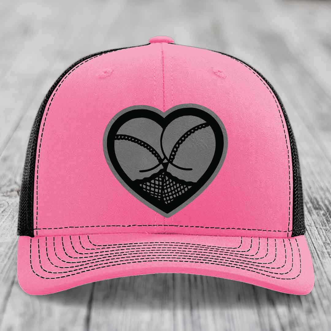 Heart Shaped Ass (Stockings) - Leather Patch Hat - Grey to Black Patch - Richardson 112 Snapback Trucker Hat