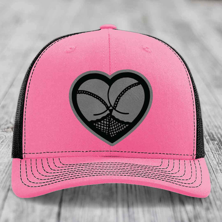 Heart Shaped Ass (Stockings) - Leather Patch Hat - Grey to Black Patch - Richardson 112 Snapback Trucker Hat