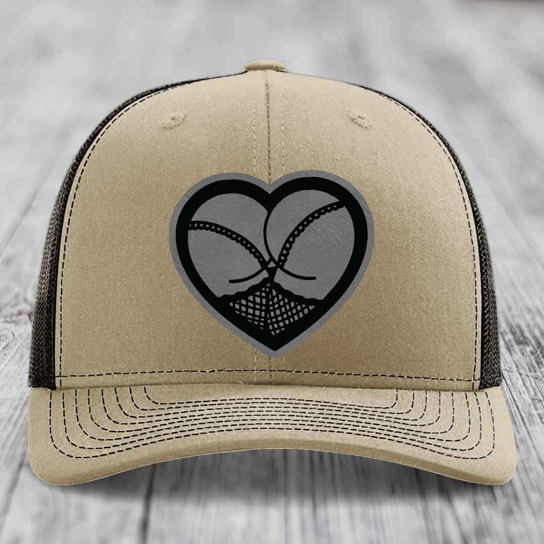 Heart Shaped Ass (Stockings) - Leather Patch Hat - Grey to Black Patch - Richardson 112 Snapback Trucker Hat
