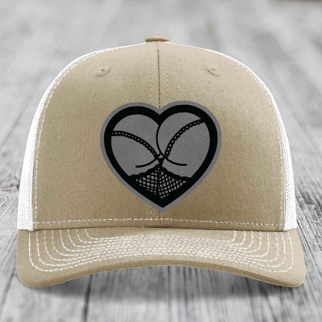 Heart Shaped Ass (Stockings) - Leather Patch Hat - Grey to Black Patch - Richardson 112 Snapback Trucker Hat