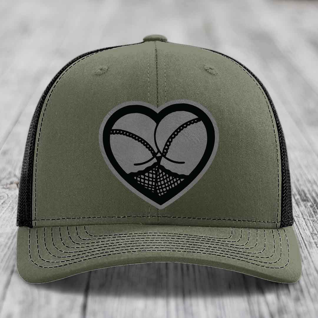 Heart Shaped Ass (Stockings) - Leather Patch Hat - Grey to Black Patch - Richardson 112 Snapback Trucker Hat
