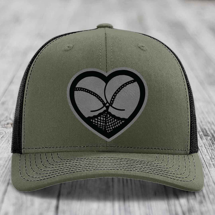 Heart Shaped Ass (Stockings) - Leather Patch Hat - Grey to Black Patch - Richardson 112 Snapback Trucker Hat