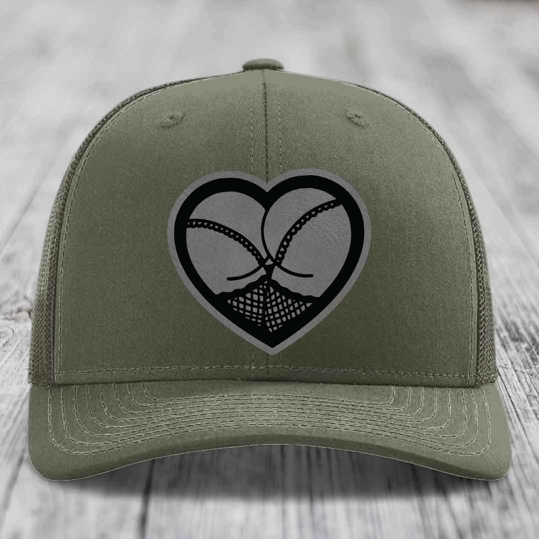 Heart Shaped Ass (Stockings) - Leather Patch Hat - Grey to Black Patch - Richardson 112 Snapback Trucker Hat