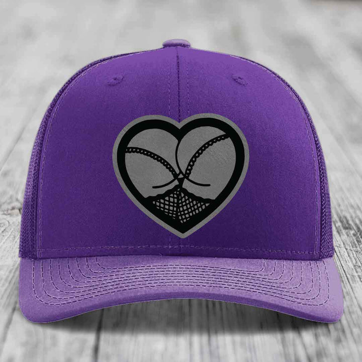 Heart Shaped Ass (Stockings) - Leather Patch Hat - Grey to Black Patch - Richardson 112 Snapback Trucker Hat
