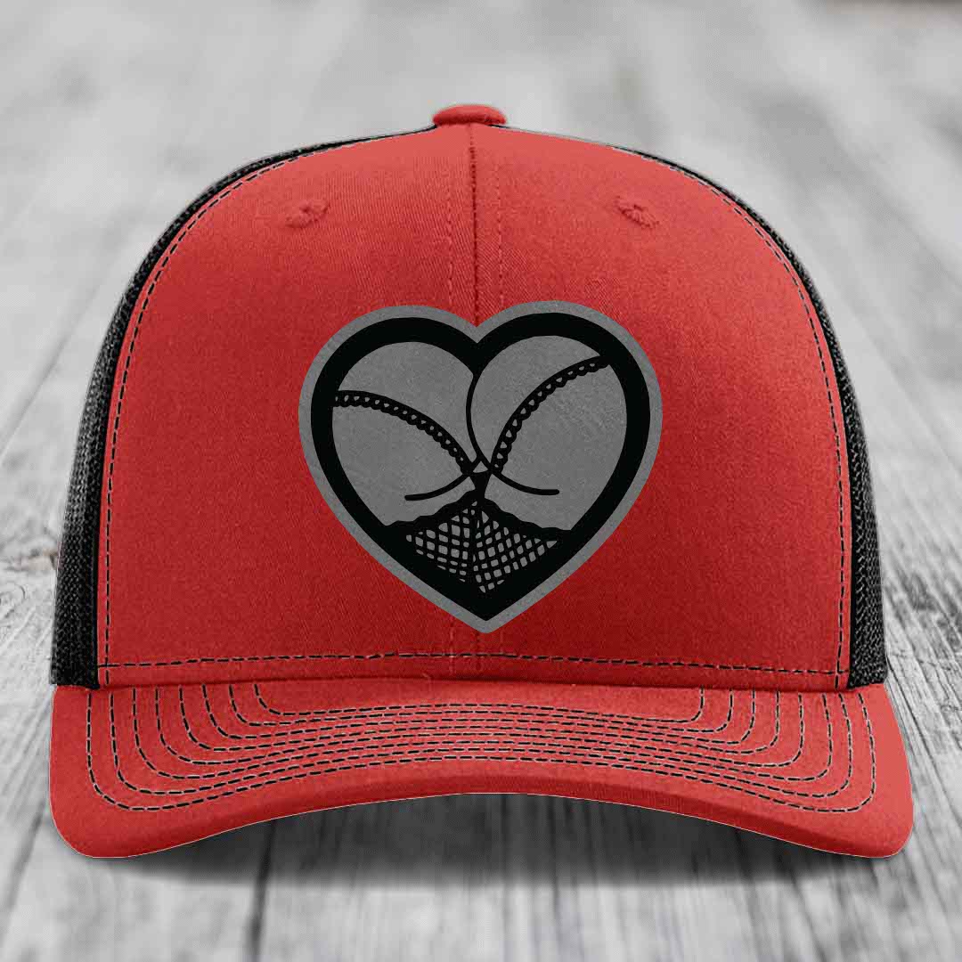Heart Shaped Ass (Stockings) - Leather Patch Hat - Grey to Black Patch - Richardson 112 Snapback Trucker Hat