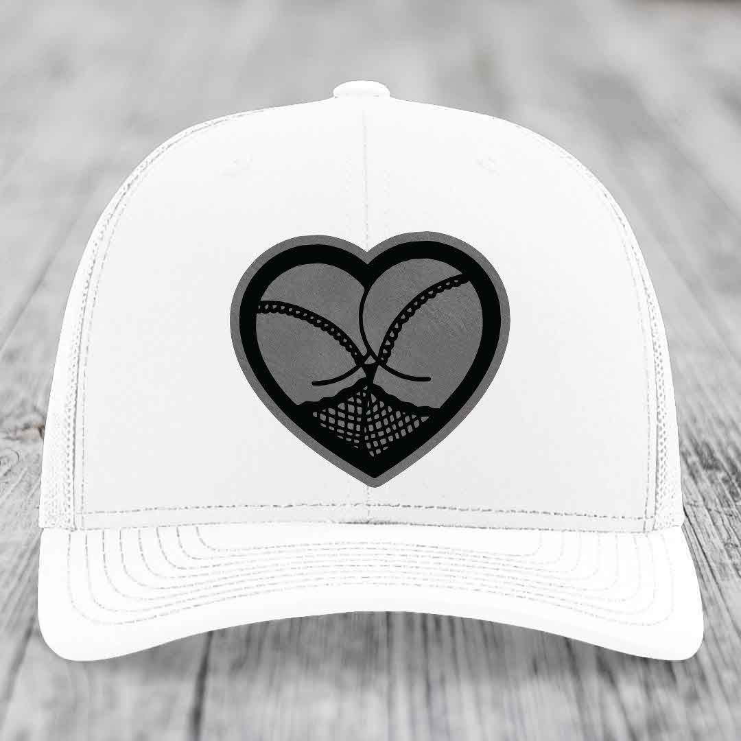 Heart Shaped Ass (Stockings) - Leather Patch Hat - Grey to Black Patch - Richardson 112 Snapback Trucker Hat
