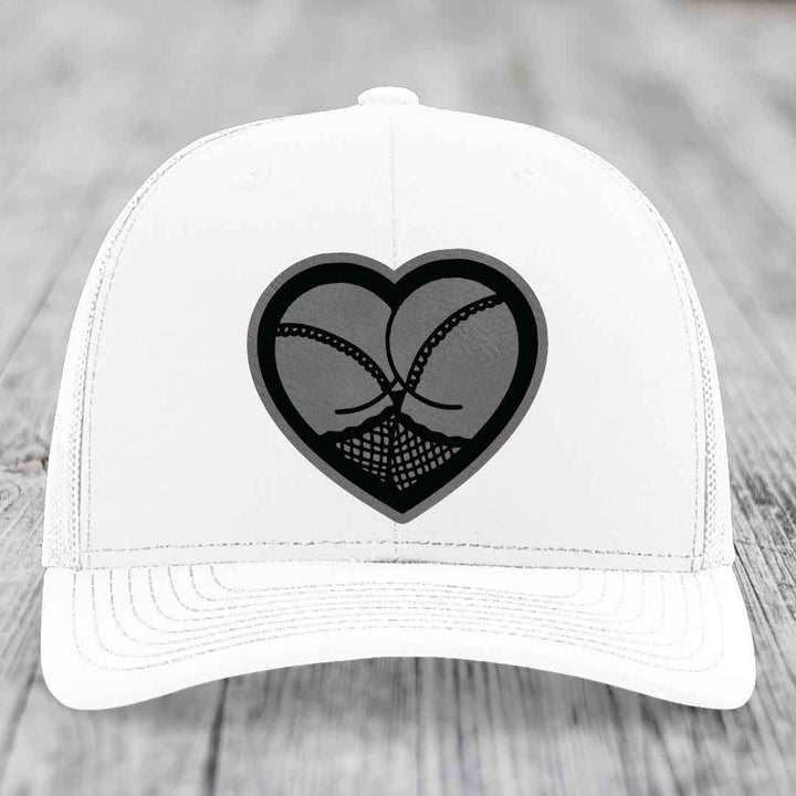 Heart Shaped Ass (Stockings) - Leather Patch Hat - Grey to Black Patch - Richardson 112 Snapback Trucker Hat
