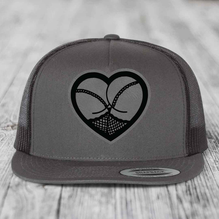 Heart Shaped Ass (Stockings) - Leather Patch Hat - Grey to Black Patch - Yupoong 6006 Snapback Flatbill Hat