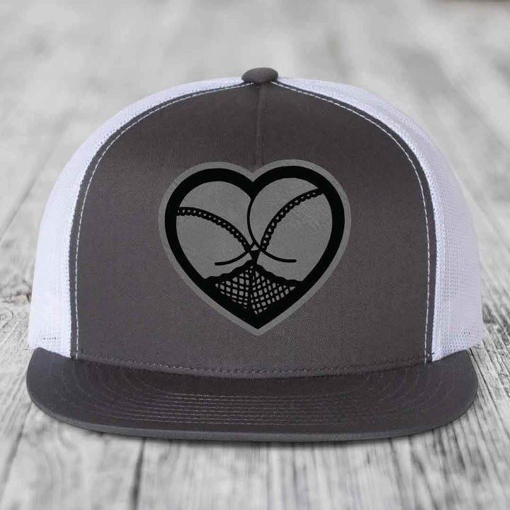 Heart Shaped Ass (Stockings) - Leather Patch Hat - Grey to Black Patch - Yupoong 6006 Snapback Flatbill Hat