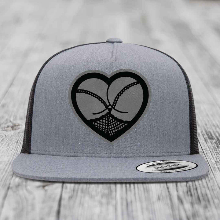 Heart Shaped Ass (Stockings) - Leather Patch Hat - Grey to Black Patch - Yupoong 6006 Snapback Flatbill Hat