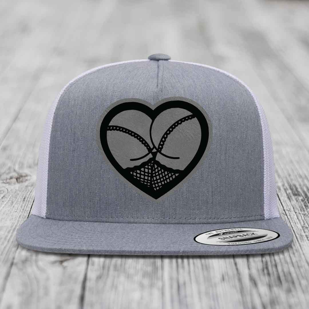 Heart Shaped Ass (Stockings) - Leather Patch Hat - Grey to Black Patch - Yupoong 6006 Snapback Flatbill Hat