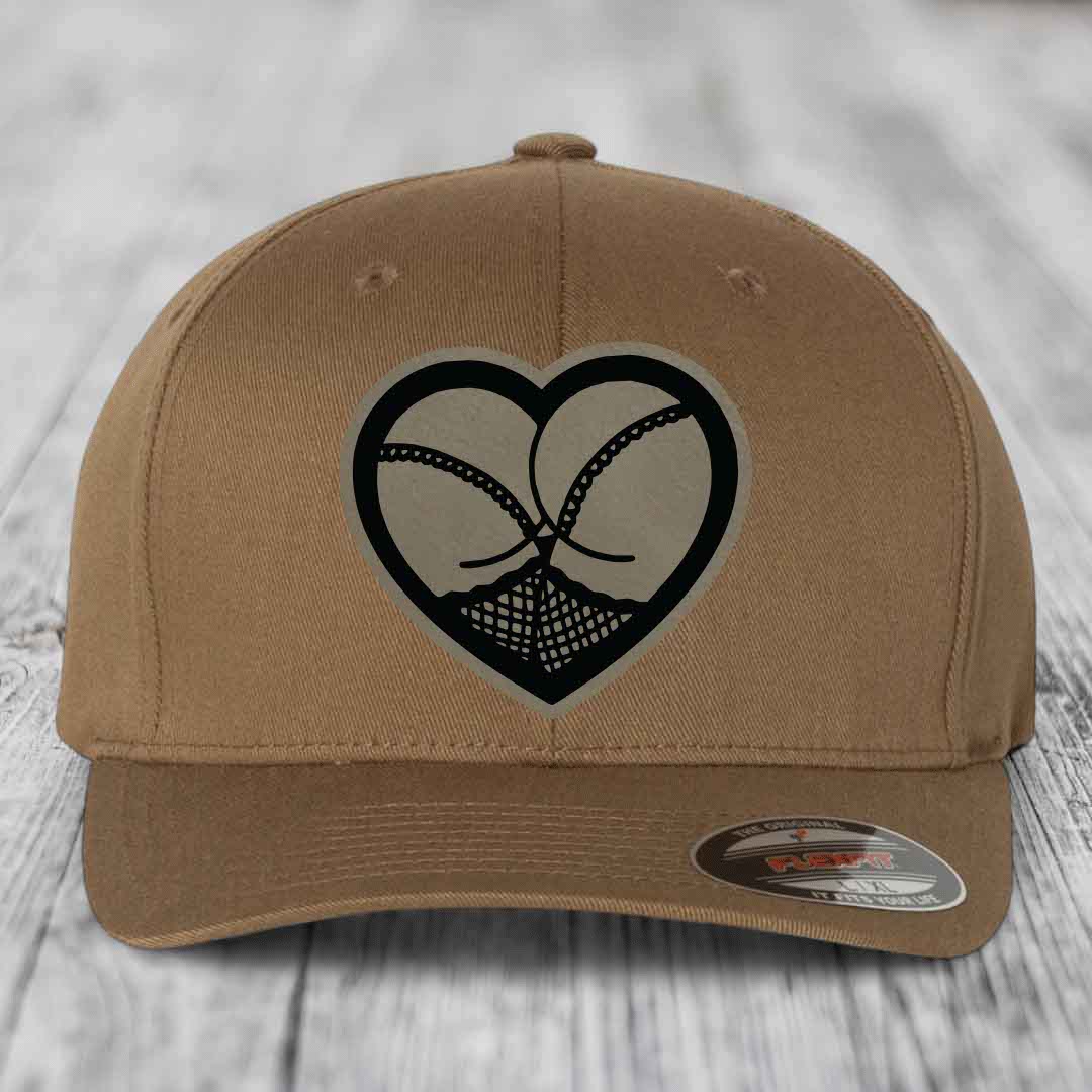 Heart Shaped Ass (Stockings) - Leather Patch Hat - Light Brown to Black Patch - Flexfit 6277 Fitted Hat