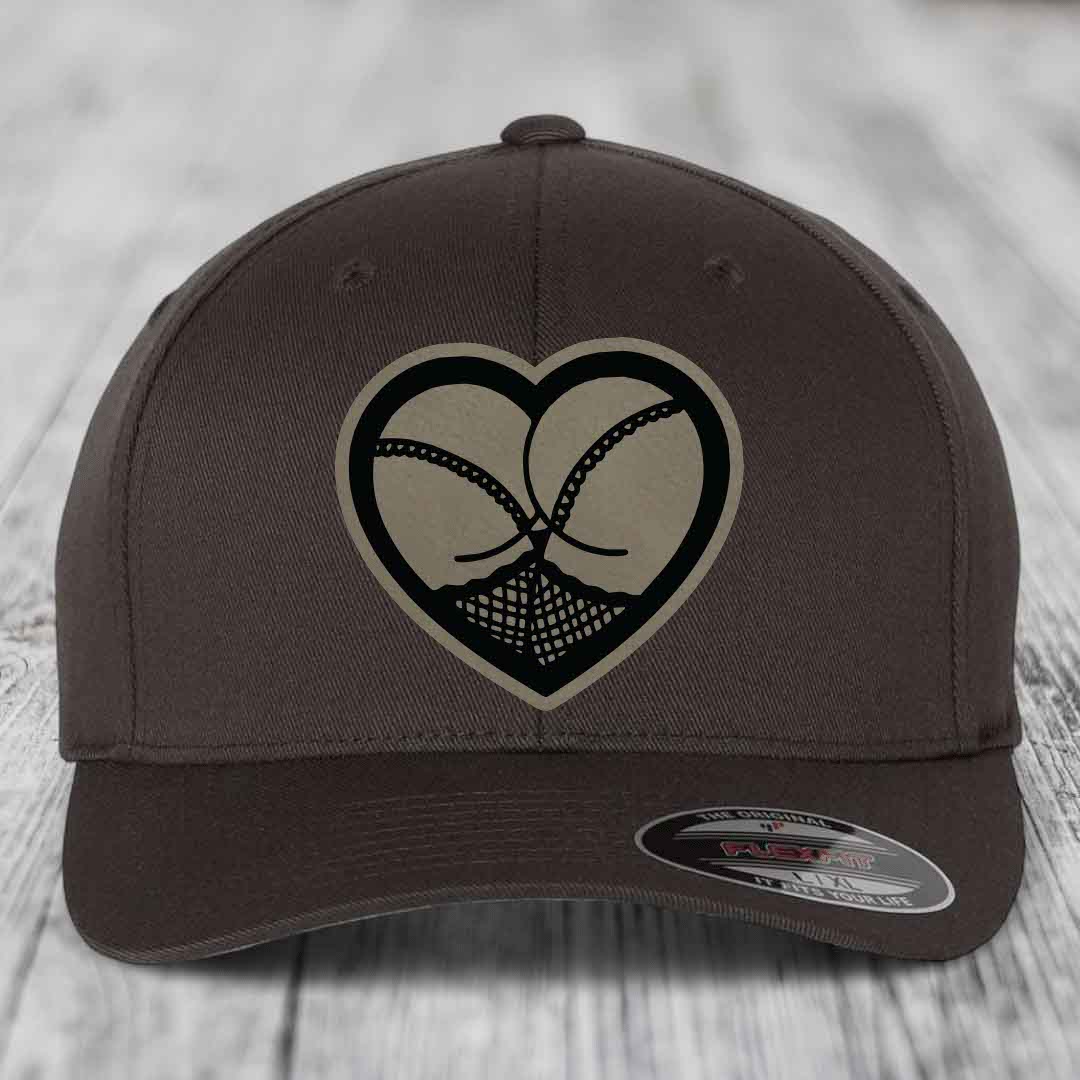 Heart Shaped Ass (Stockings) - Leather Patch Hat - Light Brown to Black Patch - Flexfit 6277 Fitted Hat