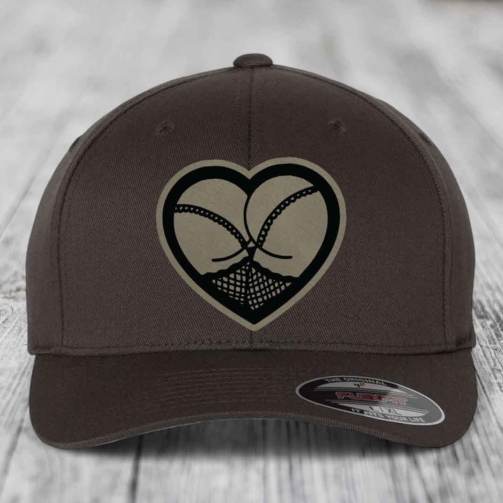 Heart Shaped Ass (Stockings) - Leather Patch Hat - Light Brown to Black Patch - Flexfit 6277 Fitted Hat