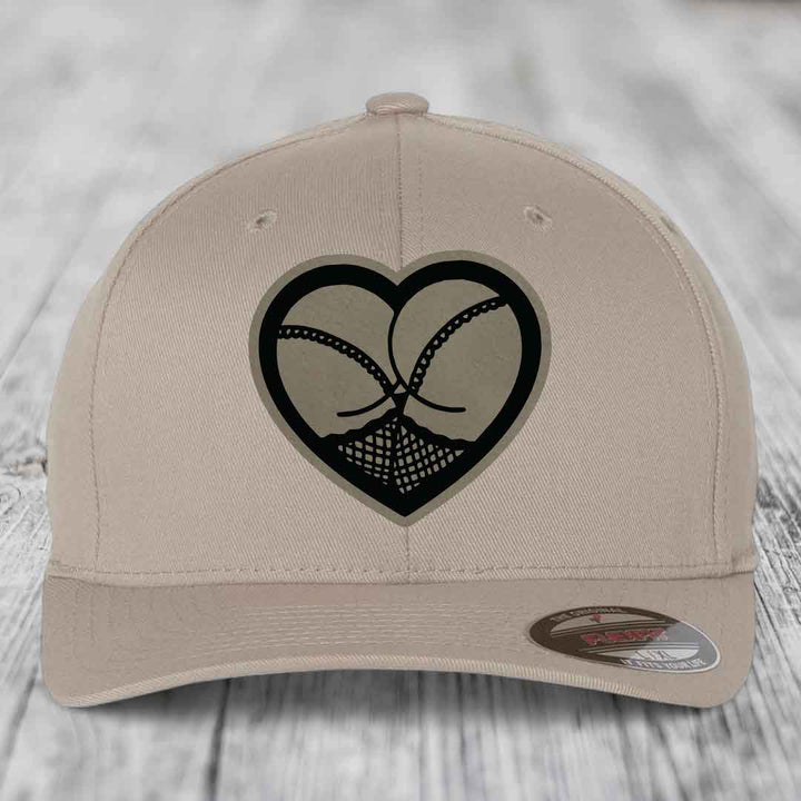 Heart Shaped Ass (Stockings) - Leather Patch Hat - Light Brown to Black Patch - Flexfit 6277 Fitted Hat