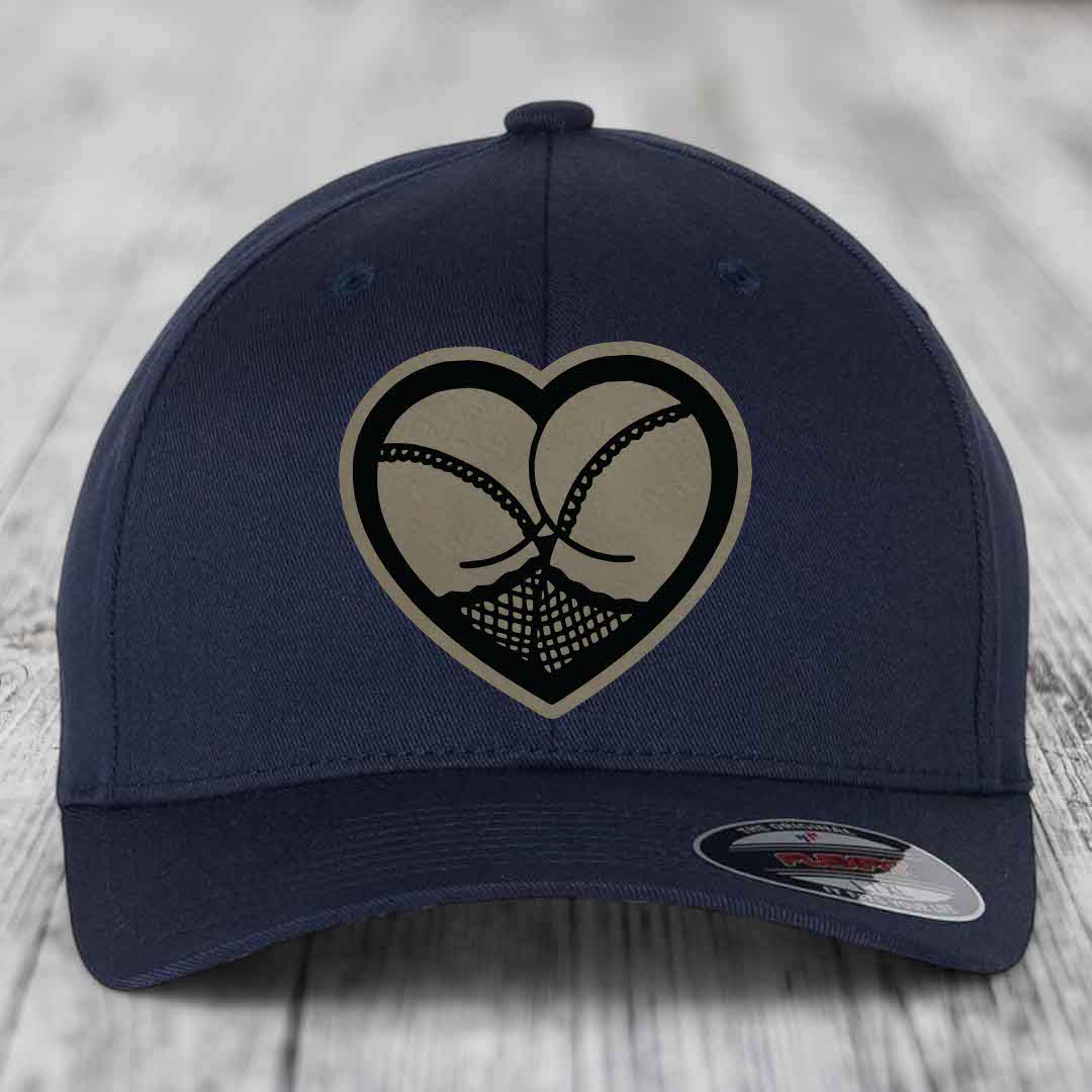 Heart Shaped Ass (Stockings) - Leather Patch Hat - Light Brown to Black Patch - Flexfit 6277 Fitted Hat