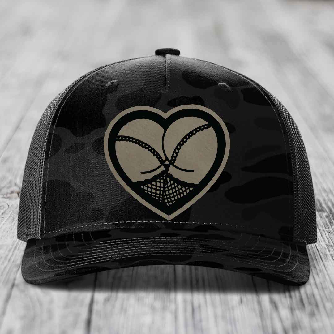 Heart Shaped Ass (Stockings) - Leather Patch Hat - Light Brown to Black Patch - Richardson 112PFP Snapback Trucker Hat