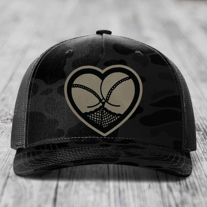 Heart Shaped Ass (Stockings) - Leather Patch Hat - Light Brown to Black Patch - Richardson 112PFP Snapback Trucker Hat